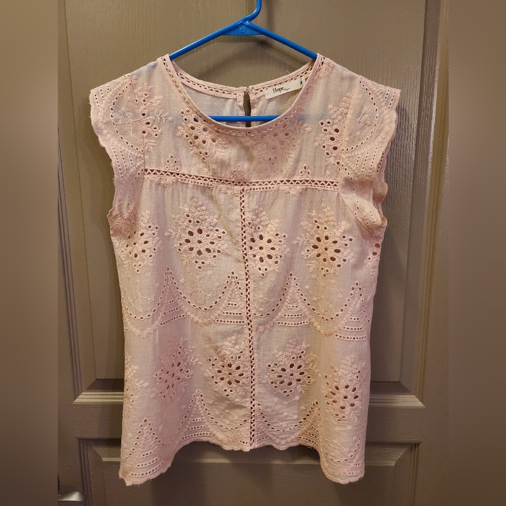 Hope Horizon Pale Pink Cap Flutter Sleeve Blouse with Eyelet Embroidery